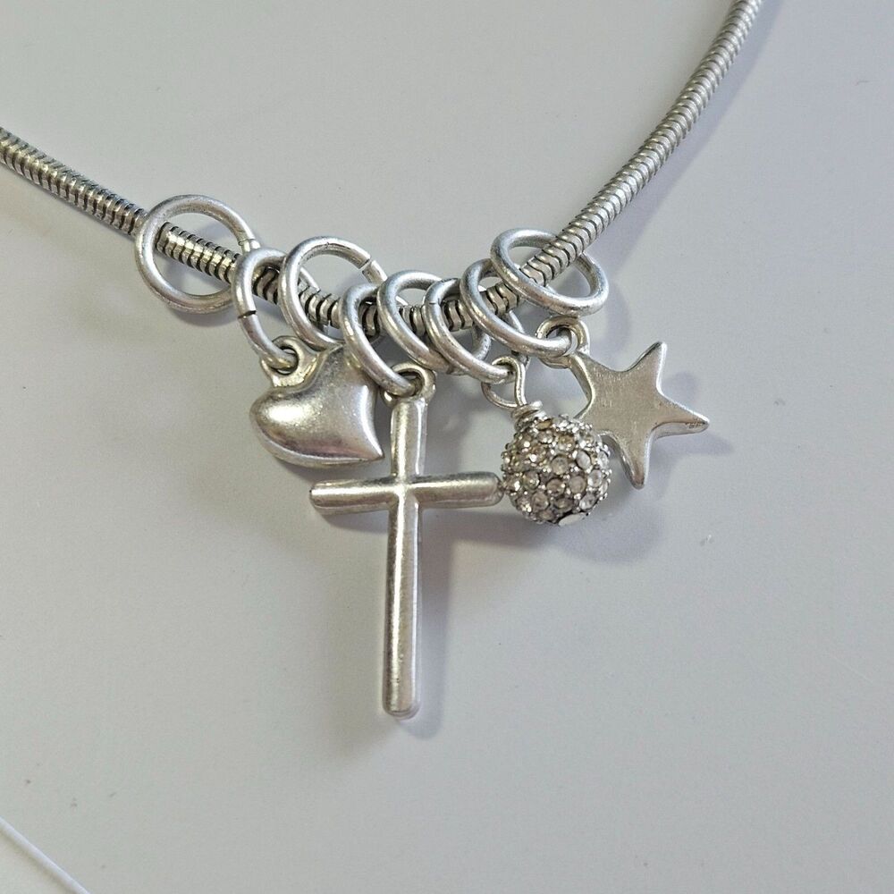 Bud to Rose Silver Tone Necklace 18-21" Star Heart Cross Clear Rhinestone Charms